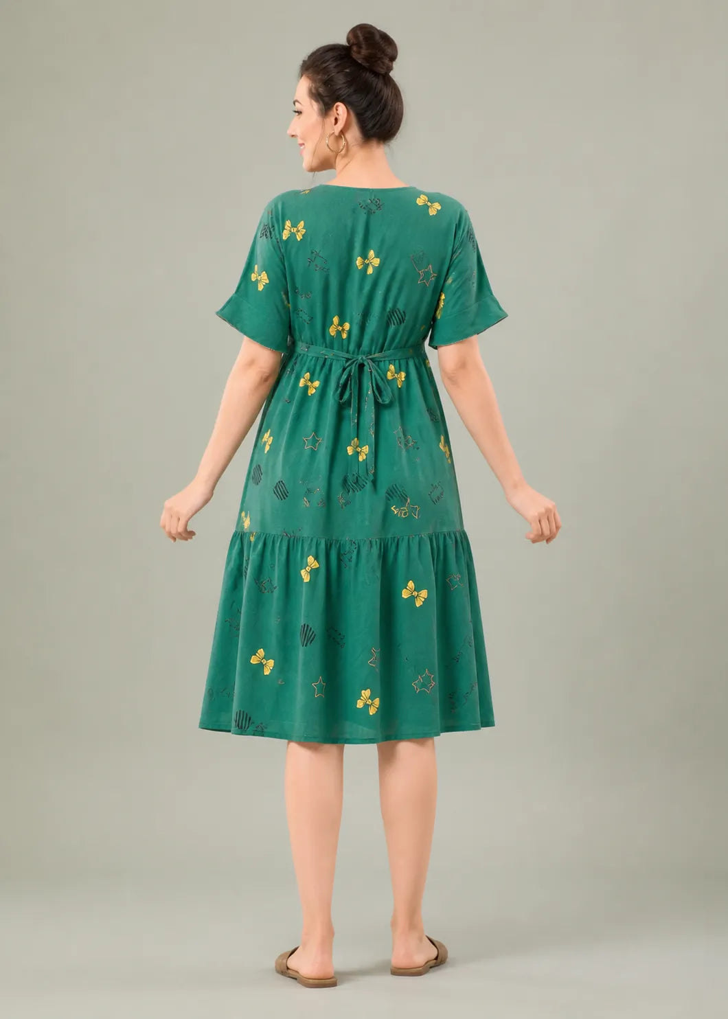 Green Bow Print Short Nighty
