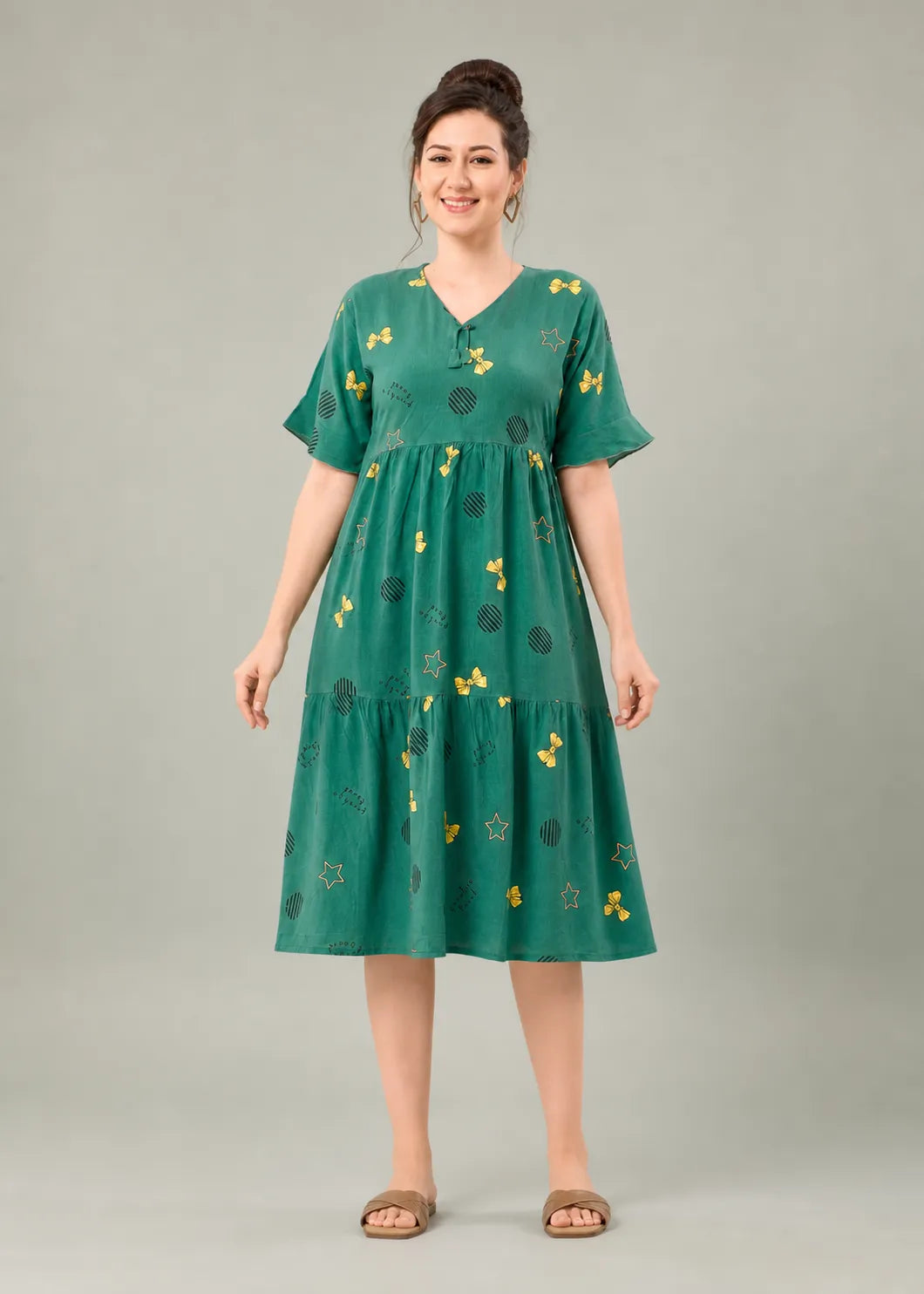 Green Bow Print Short Nighty