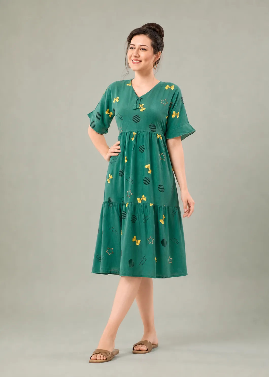 Green Bow Print Short Nighty