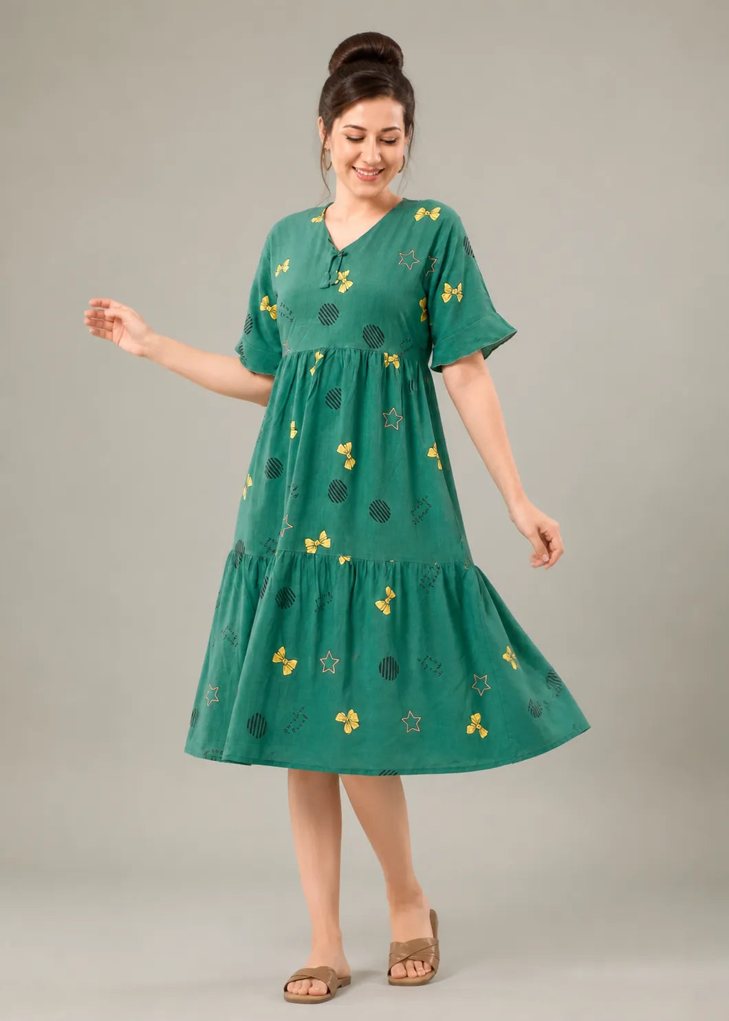 Green Bow Print Short Nighty