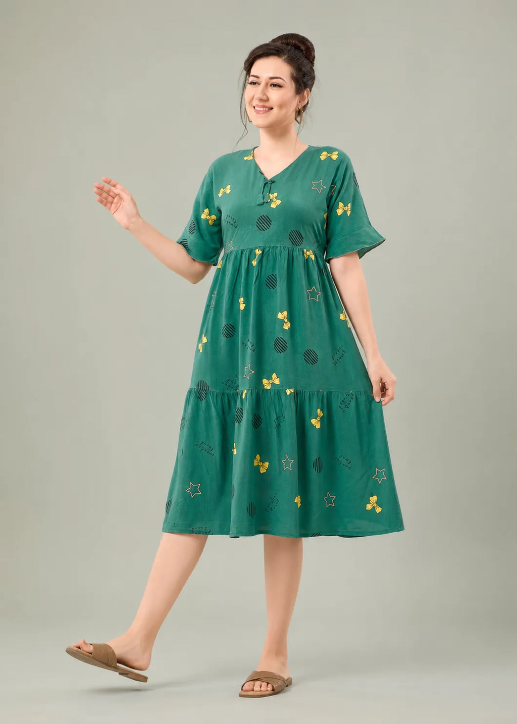 Green Bow Print Short Nighty