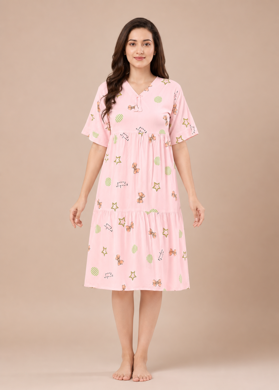 Pink Bow Print Short Nighty