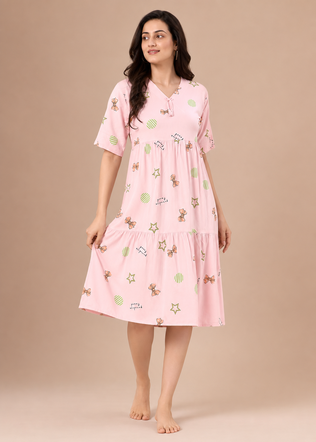 Pink Bow Print Short Nighty