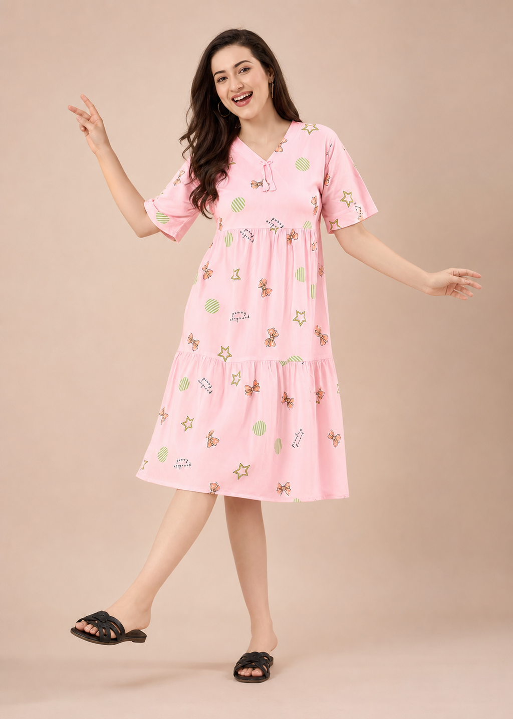 Pink Bow Print Short Nighty