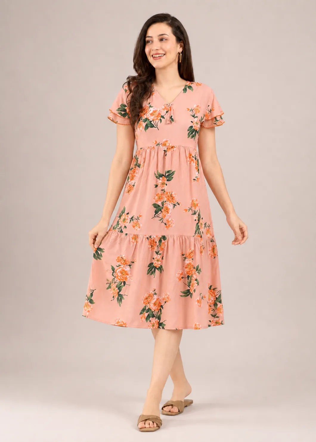 Peach Large Floral Short Nighty