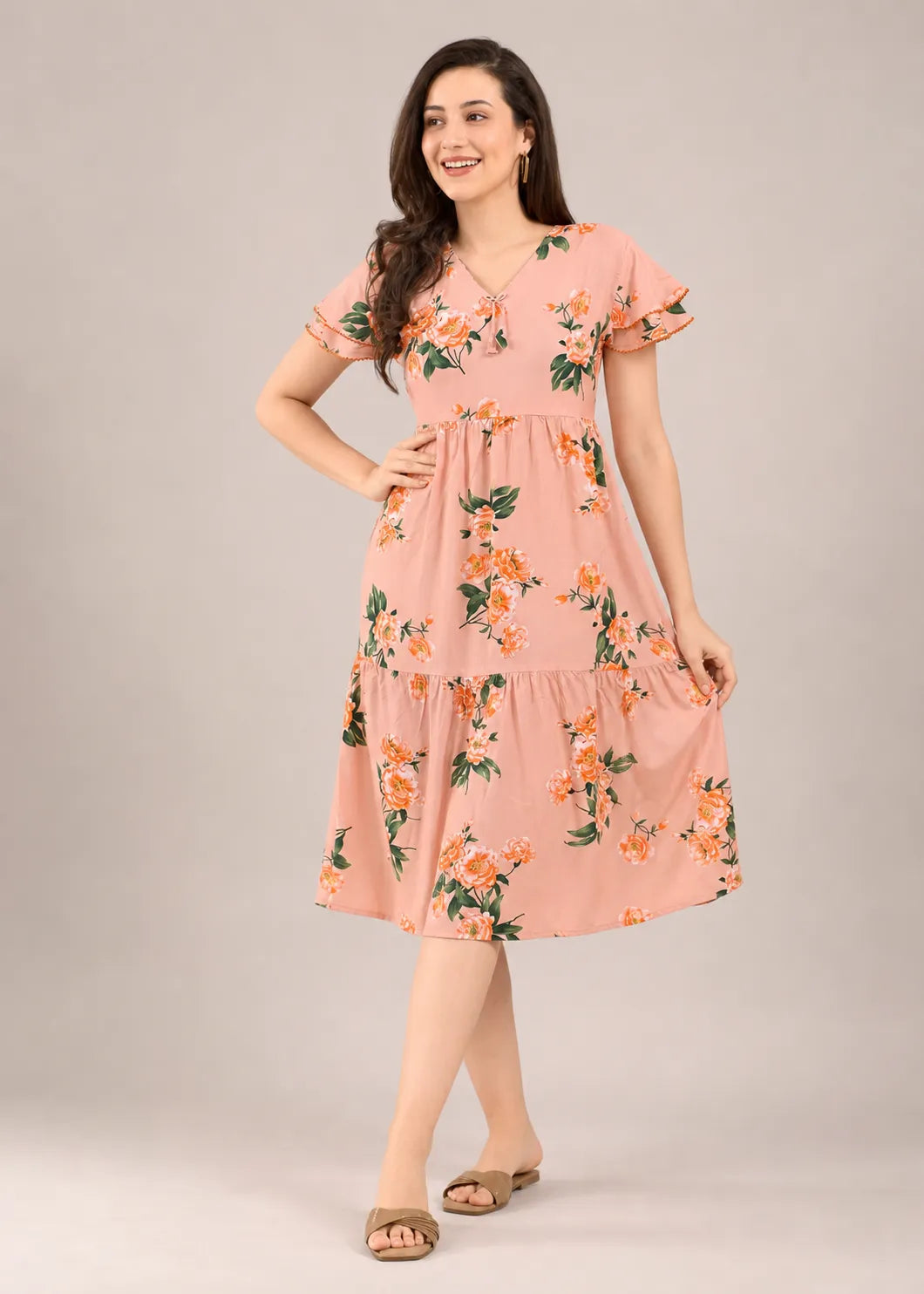 Peach Large Floral Short Nighty