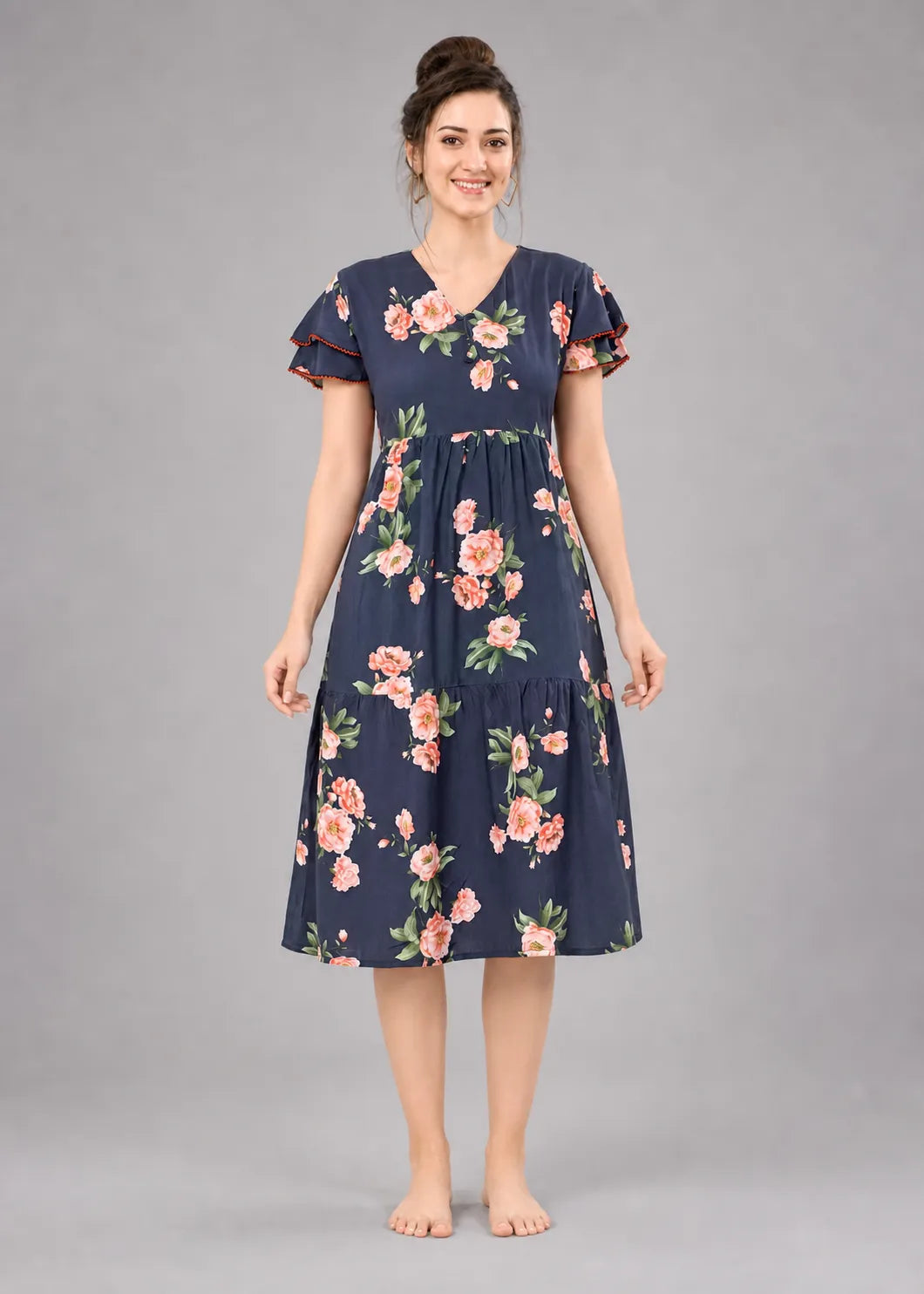 Navy Blue Large Floral Short Nighty