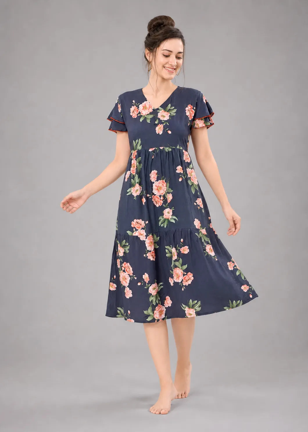 Navy Blue Large Floral Short Nighty