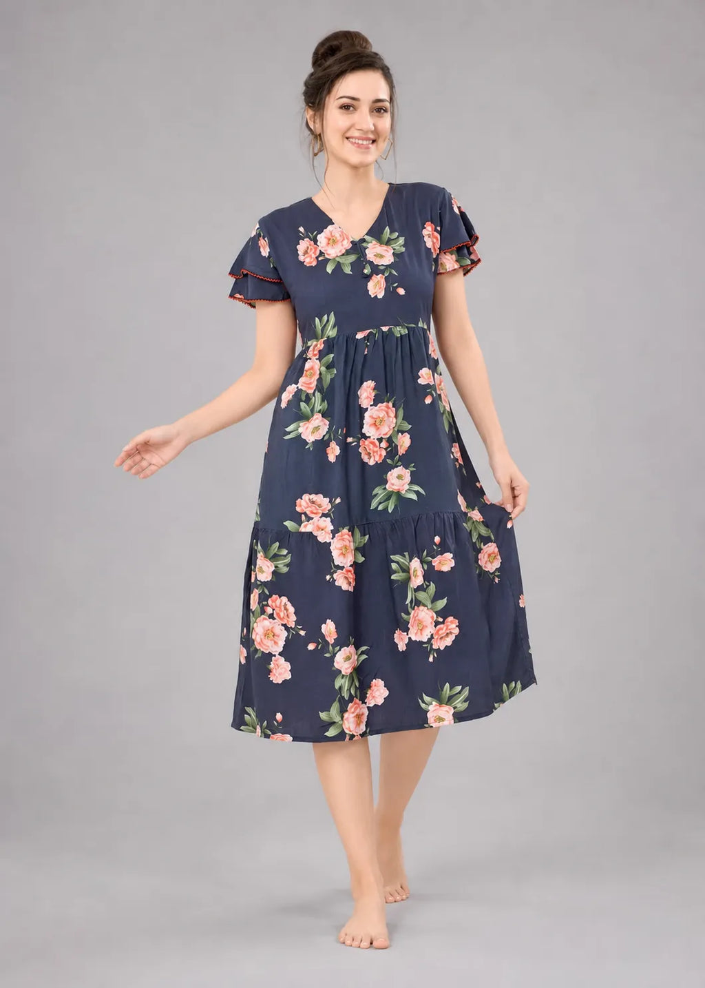 Navy Blue Large Floral Short Nighty