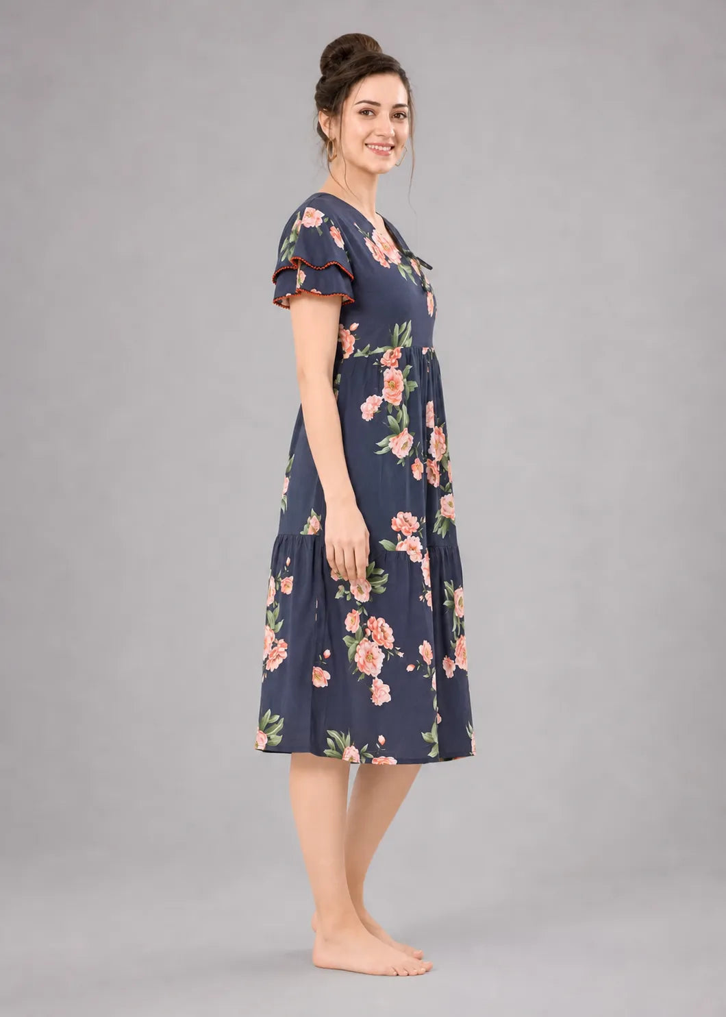 Navy Blue Large Floral Short Nighty