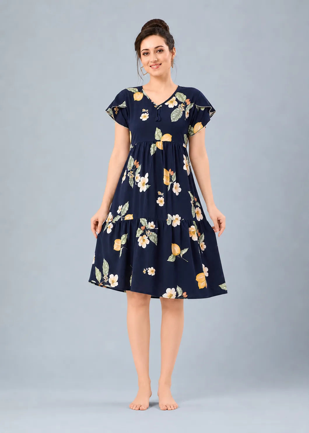 Navy Blue Lemon Print Short Nighty