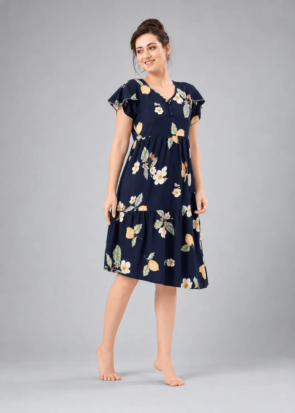 Navy Blue Lemon Print Short Nighty