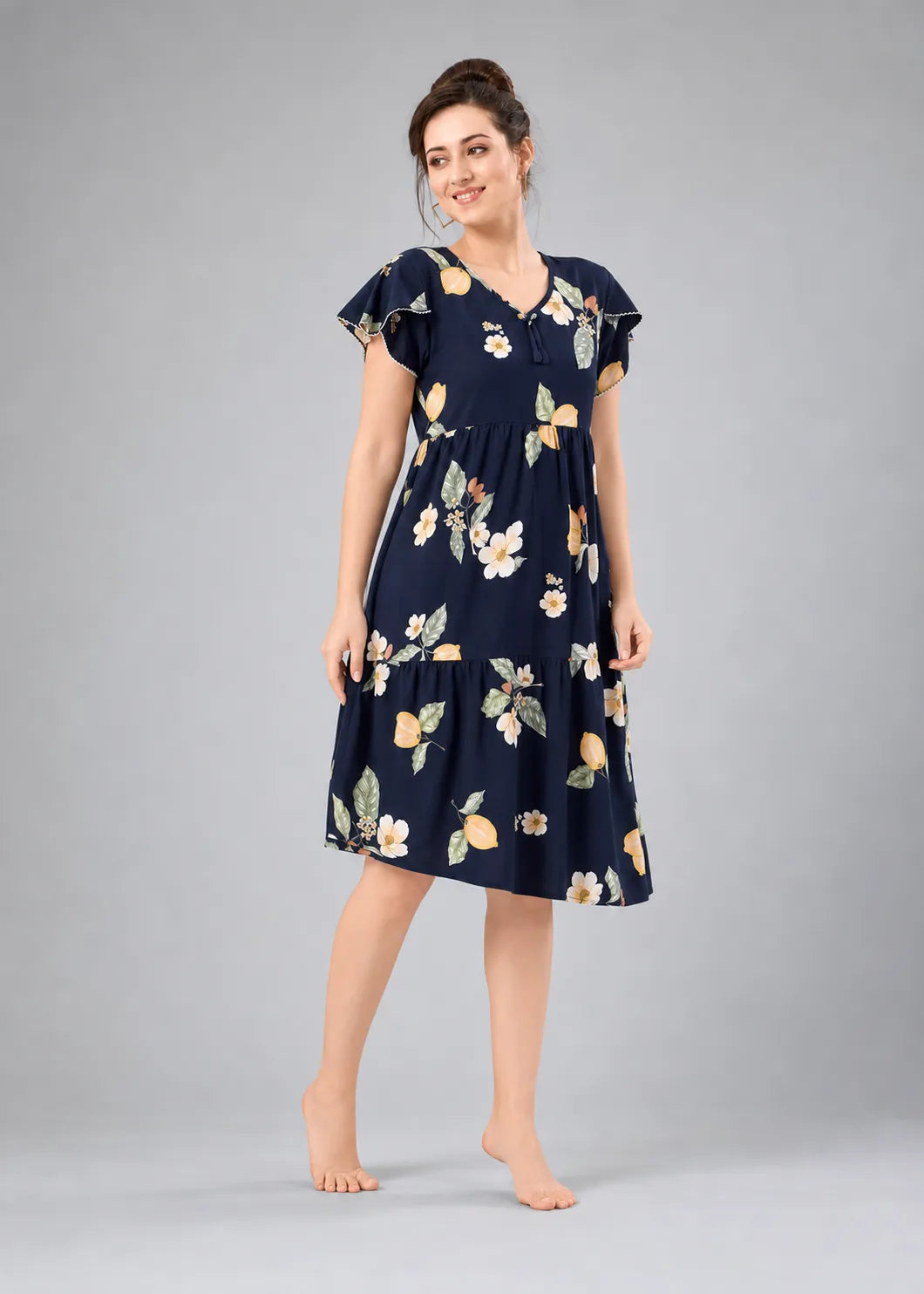 Navy Blue Lemon Print Short Nighty