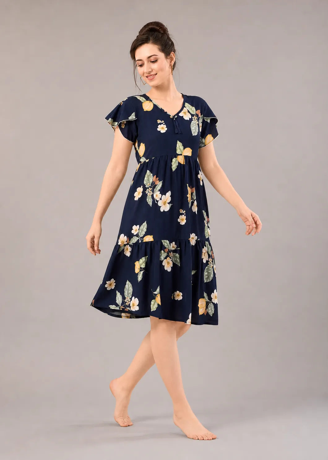 Navy Blue Lemon Print Short Nighty