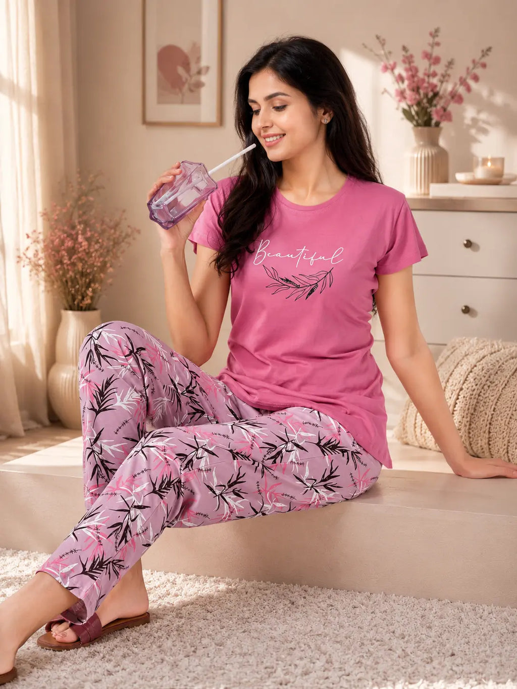Pink Botanical Night Suit