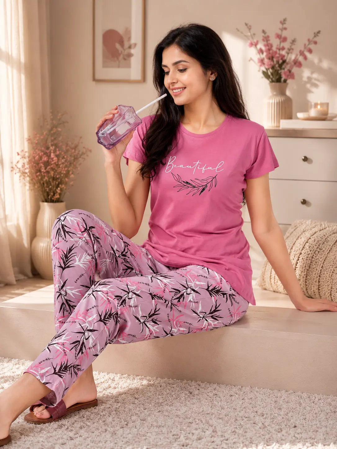 Pink Botanical Night Suit