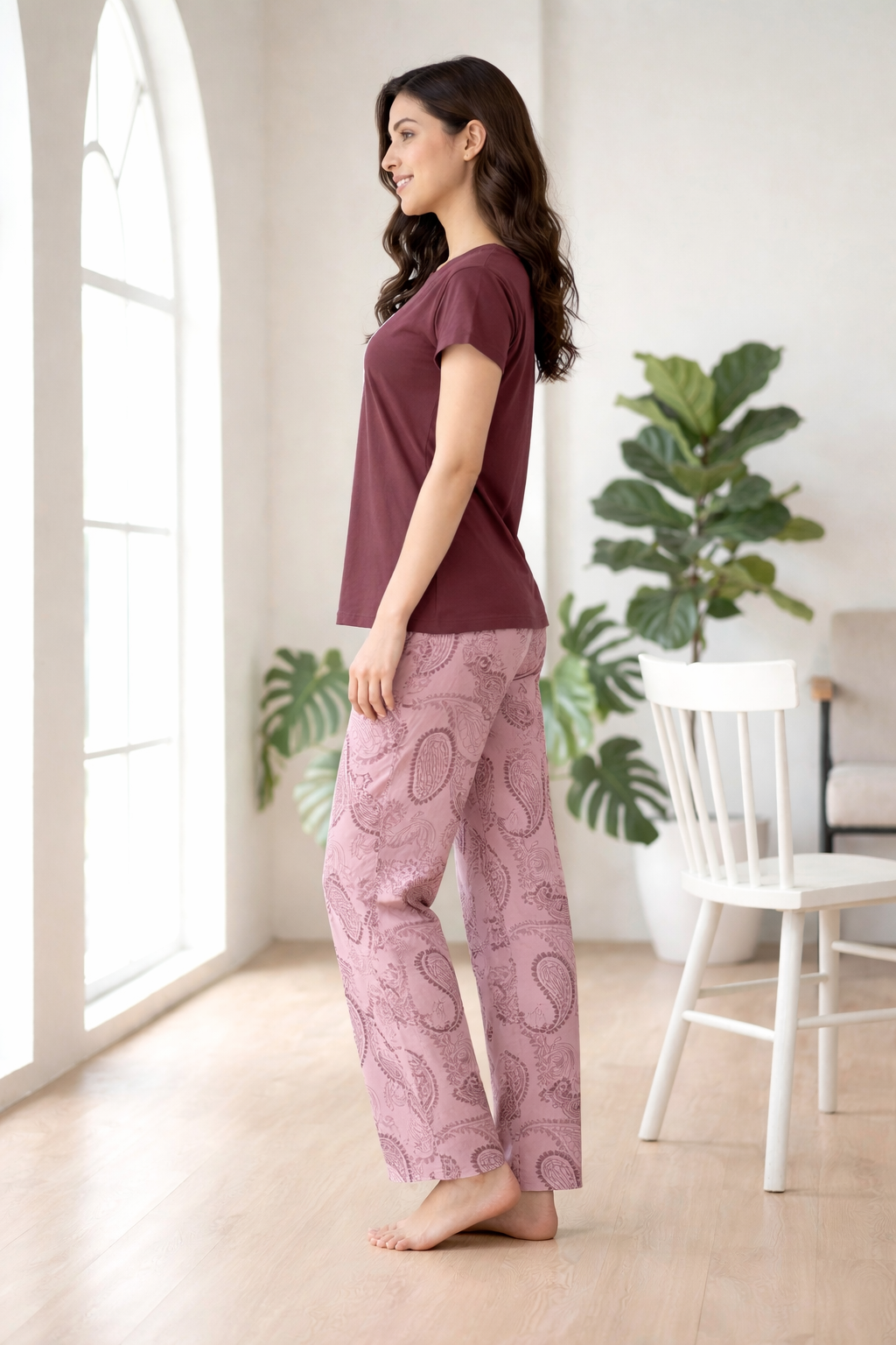 Women's Hosiery Paisley Wine and Pink Night Suit