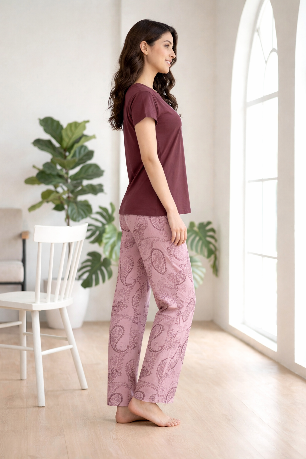 Women's Hosiery Paisley Wine and Pink Night Suit