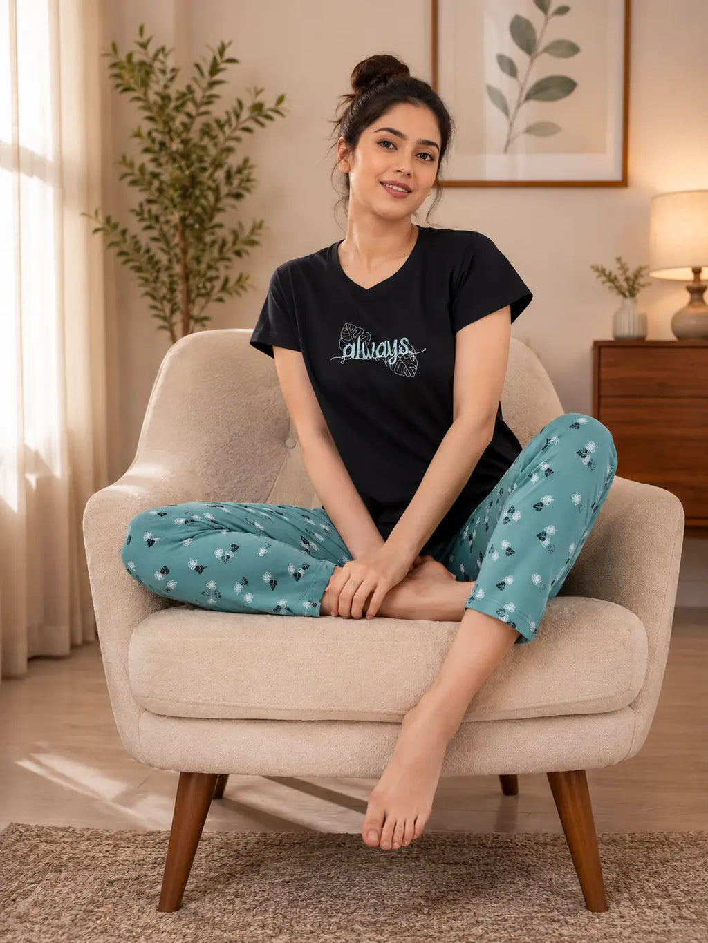 Black Always Leaf Nightsuit Set