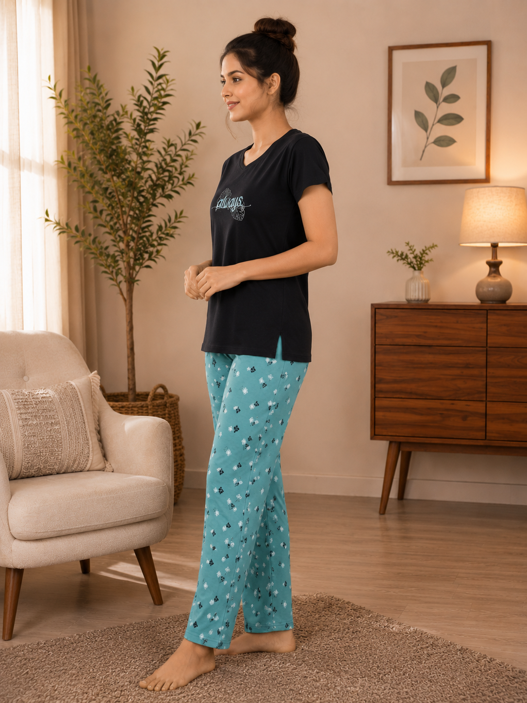 Black Always Leaf Nightsuit Set