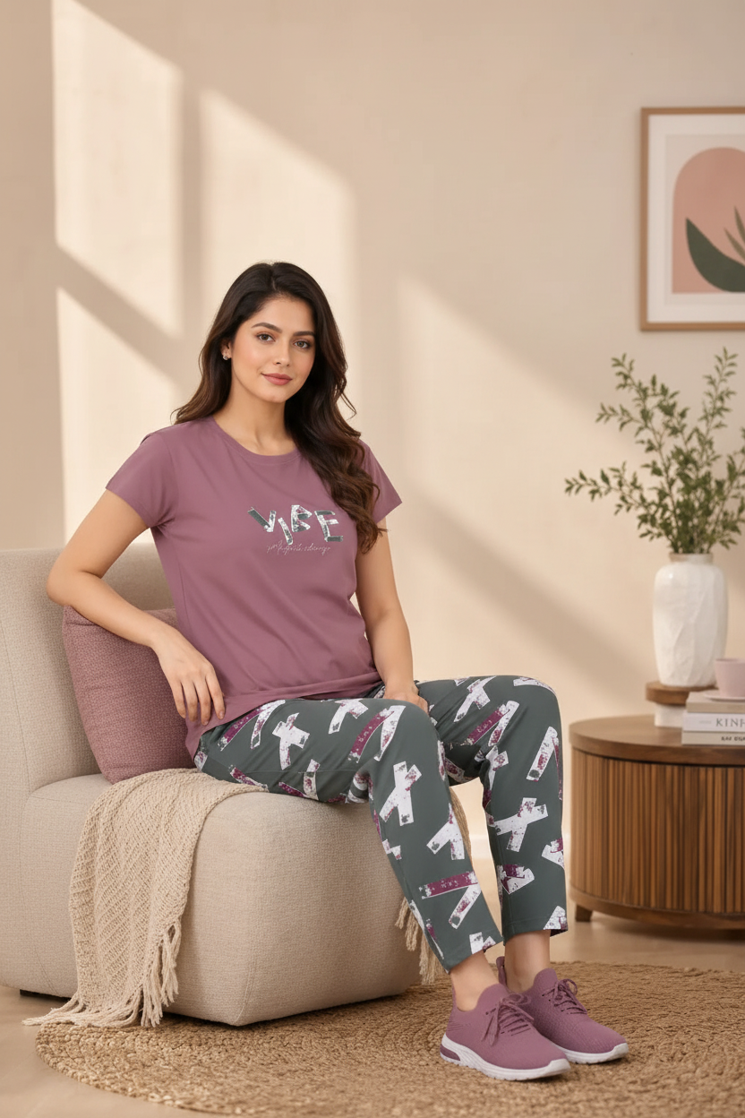 Woman sitting on a couch wearing a purple t-shirt and patterned pants in a cozy living room.