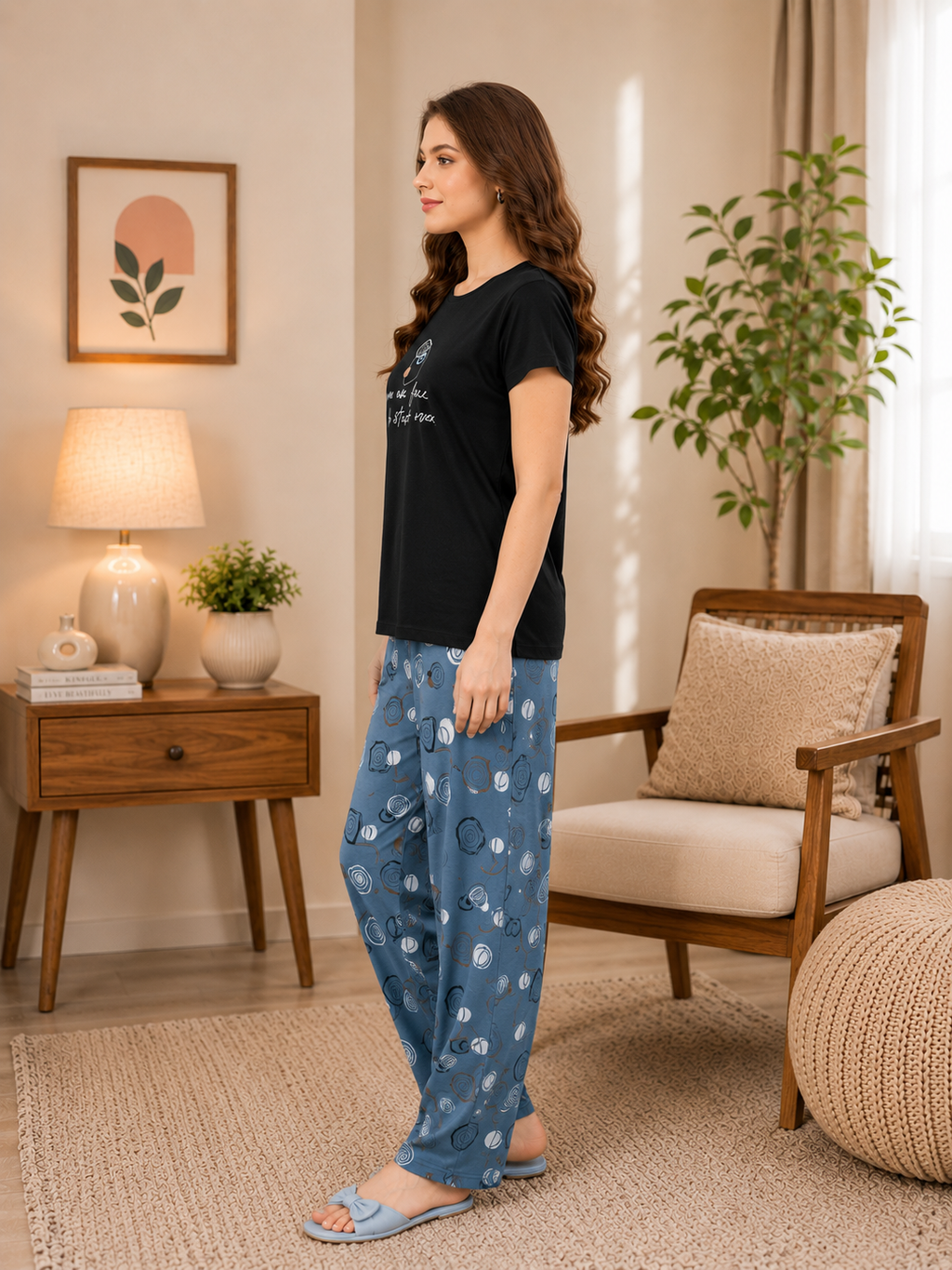 Woman wearing a black t-shirt and blue patterned pants standing in a living room.