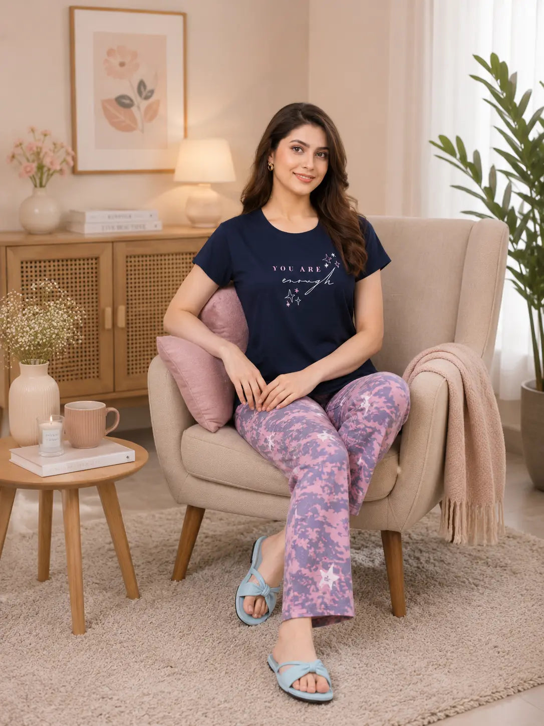 Woman sitting on a chair wearing a navy t-shirt and pink floral pants in a cozy living room.