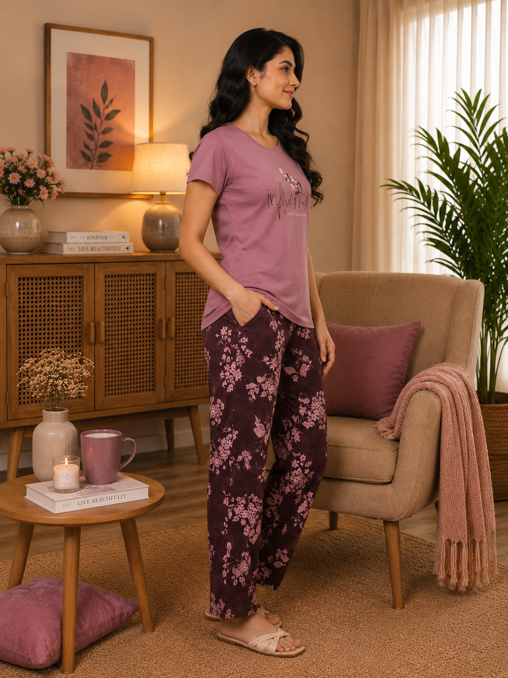 Woman in a living room wearing a purple t-shirt and floral pants.