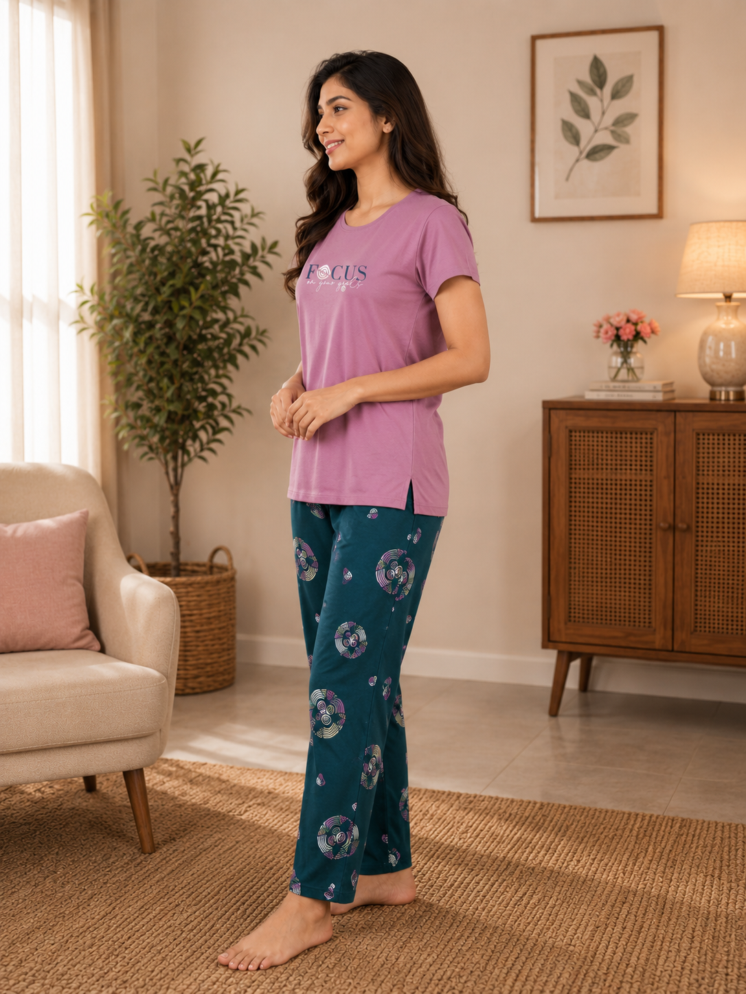 A woman modeling a two-piece pajama set in a cozy, sunlit living room. The set features a lavender-purple short-sleeve top with 'FELIXUS' printed on the chest, paired with teal blue pants decorated with a white and light blue circular pattern.
