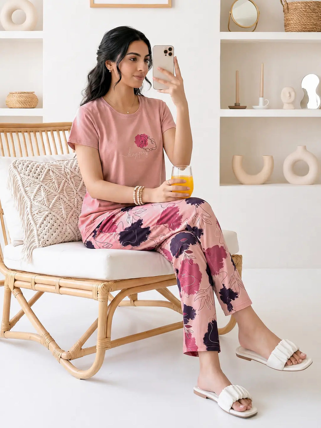 Woman in pink floral pajama set sitting on a chair, holding a phone and a glass.
