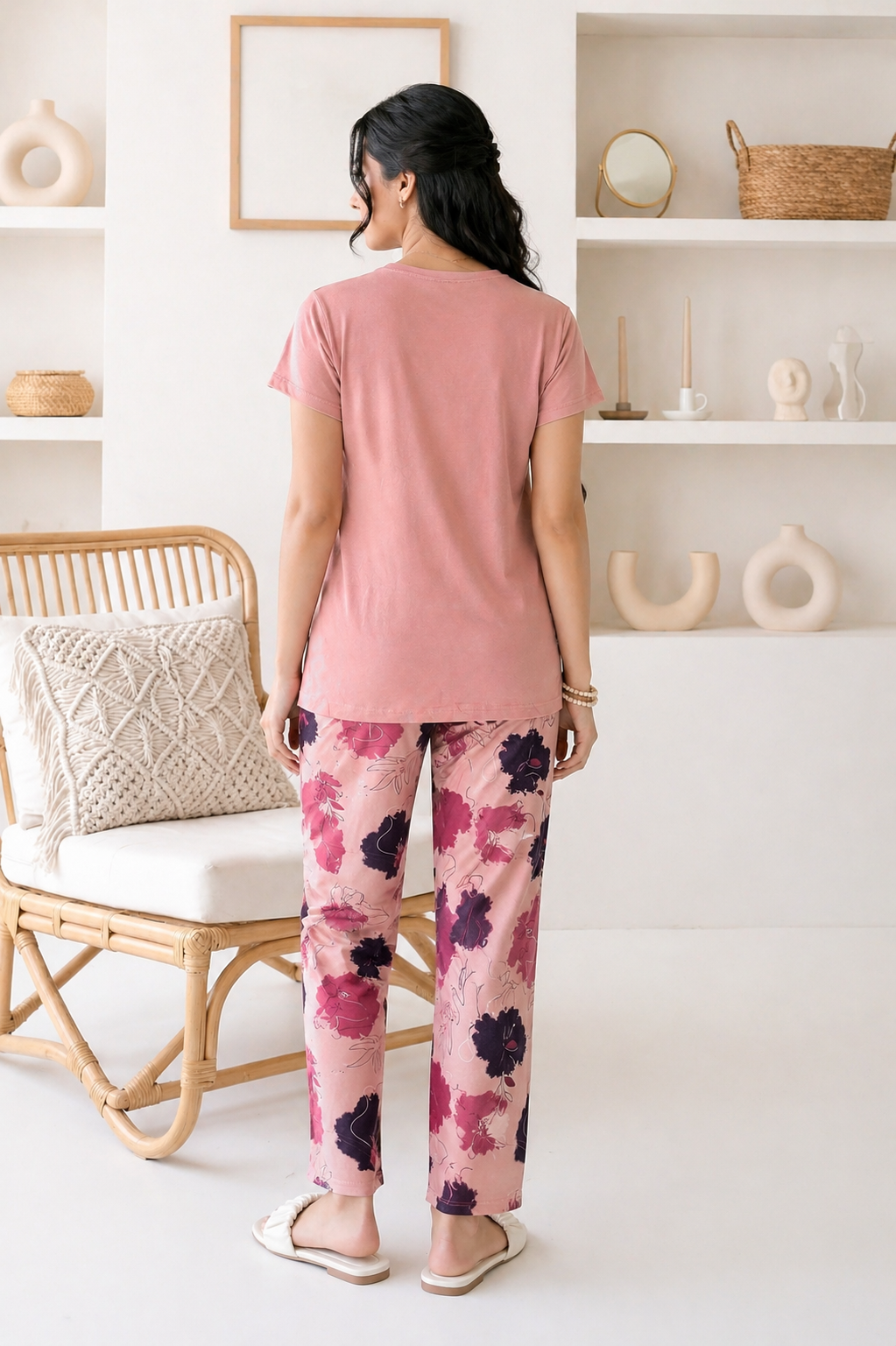 Pink Happy Floral Graphic Night Suit