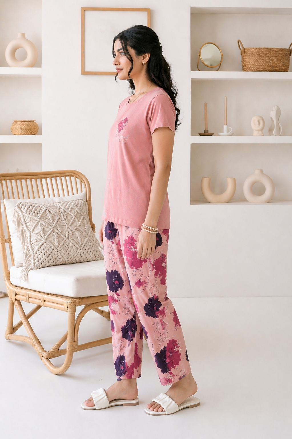 Pink Happy Floral Graphic Night Suit