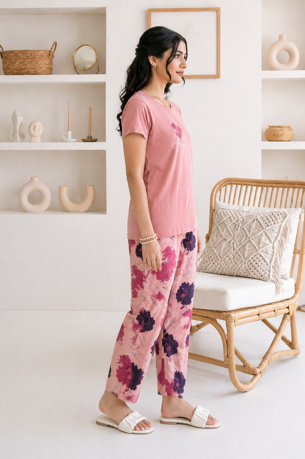 Pink Happy Floral Graphic Night Suit