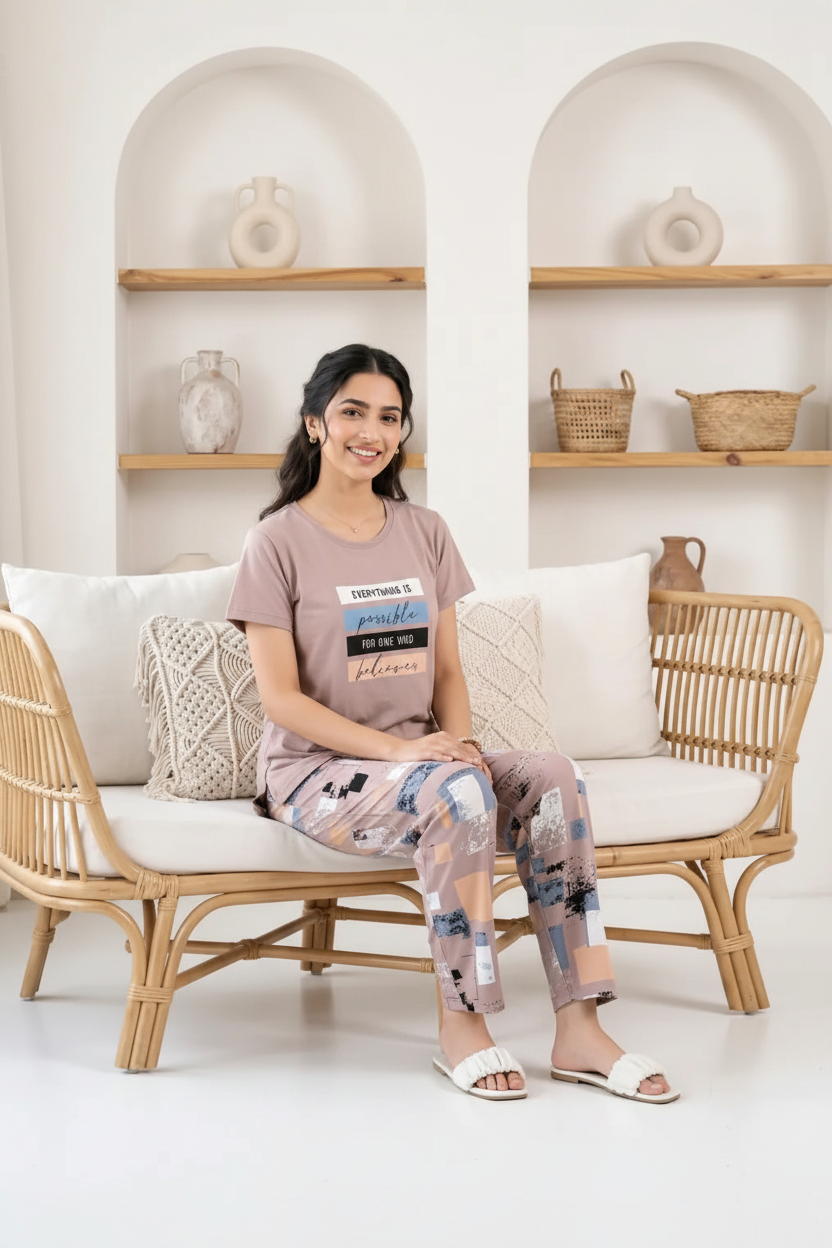 Taupe Inspirational Graphic Night Suit