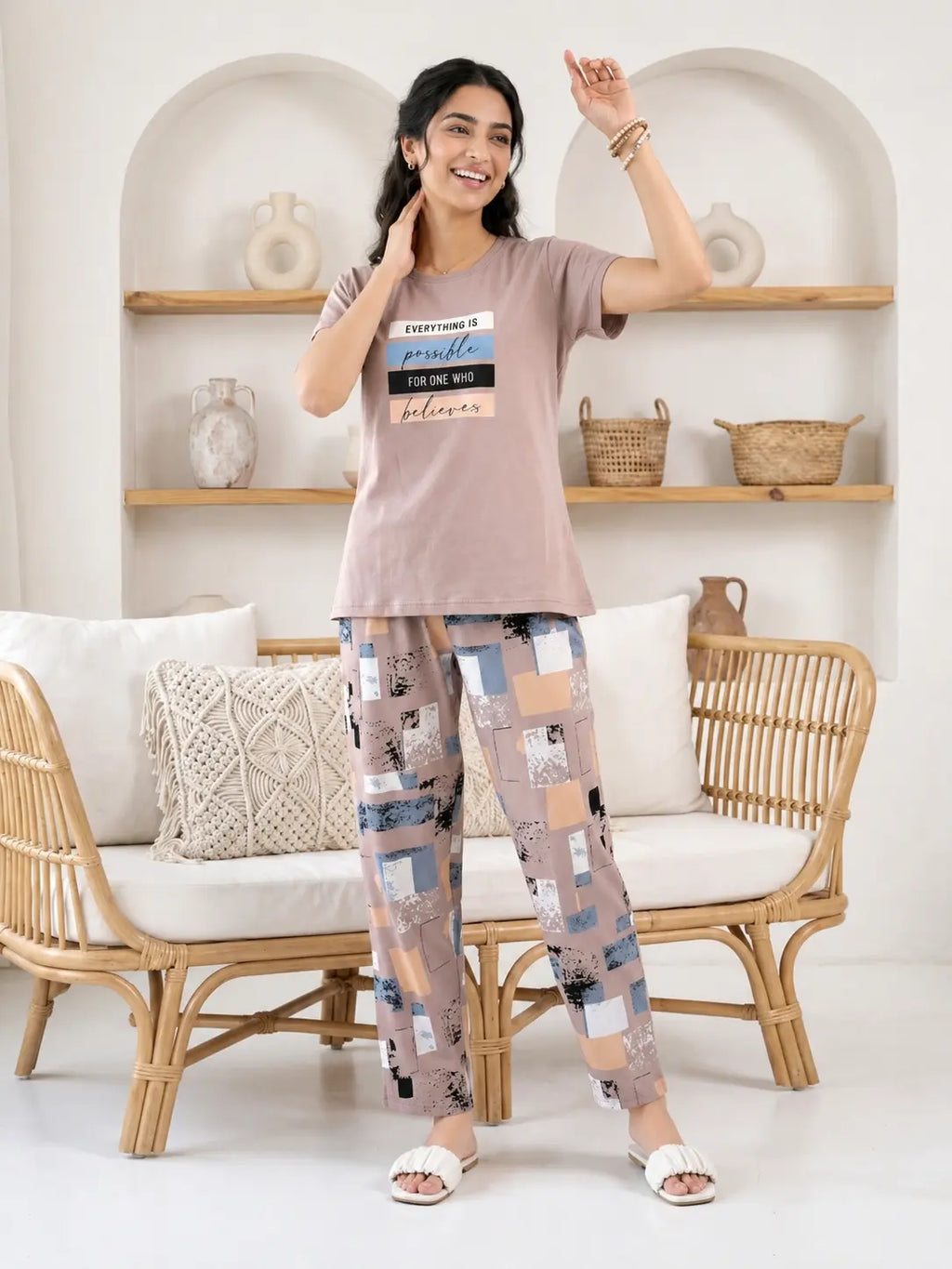 Taupe Inspirational Graphic Night Suit