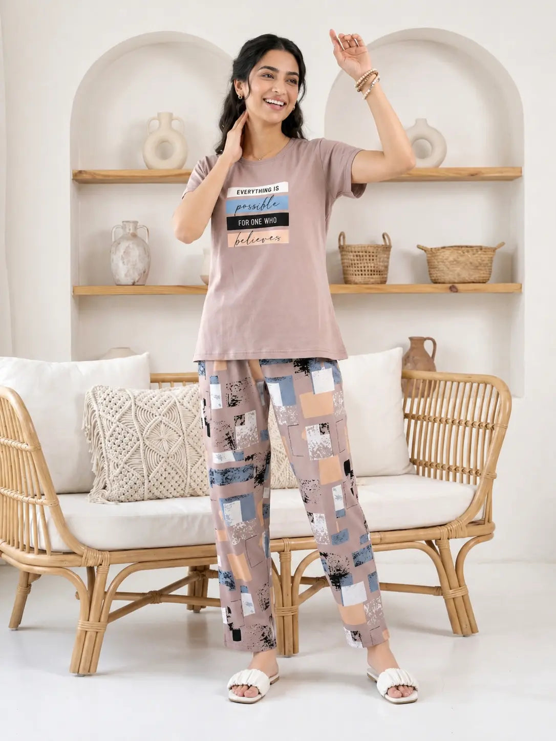 Taupe Inspirational Graphic Night Suit