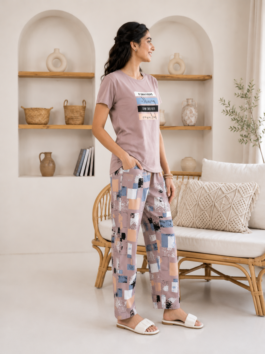 Taupe Inspirational Graphic Night Suit