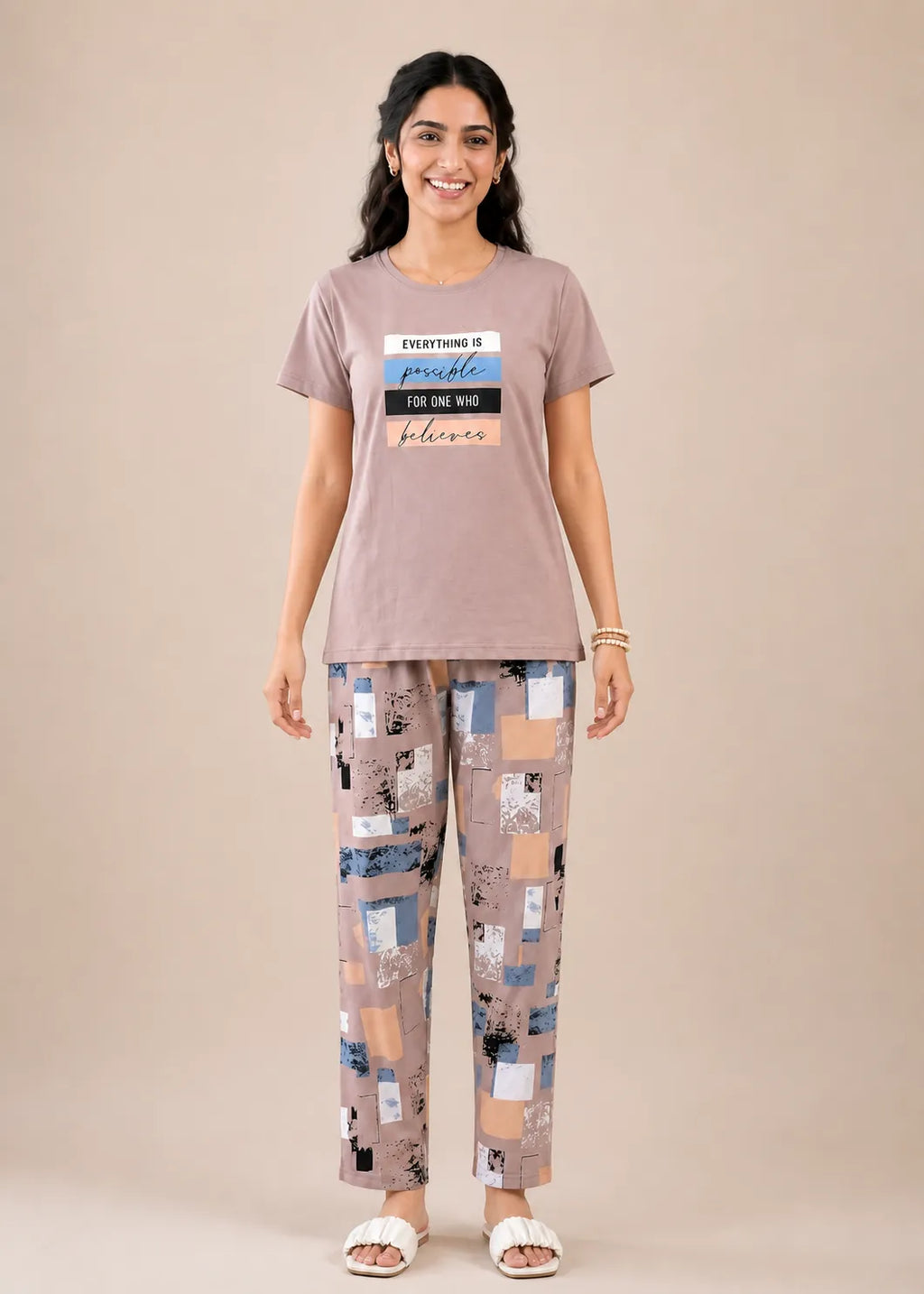 Taupe Inspirational Graphic Night Suit