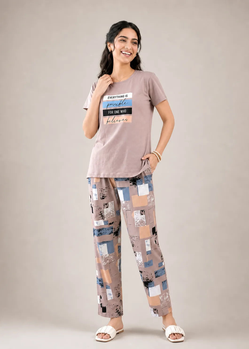 Taupe Inspirational Graphic Night Suit