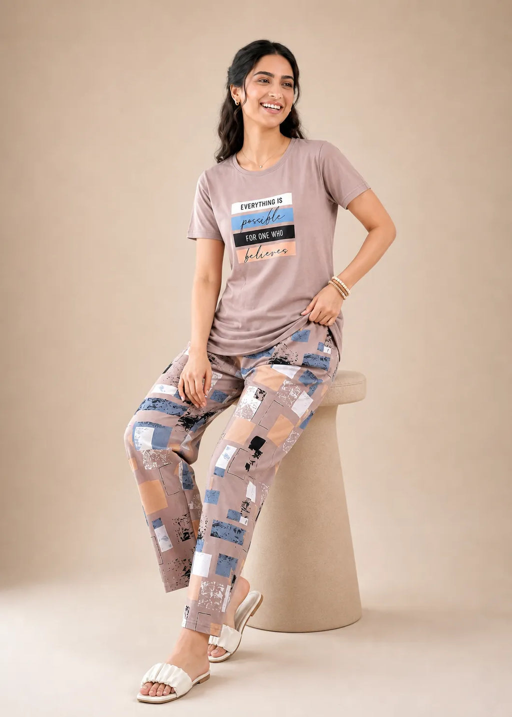 Taupe Inspirational Graphic Night Suit