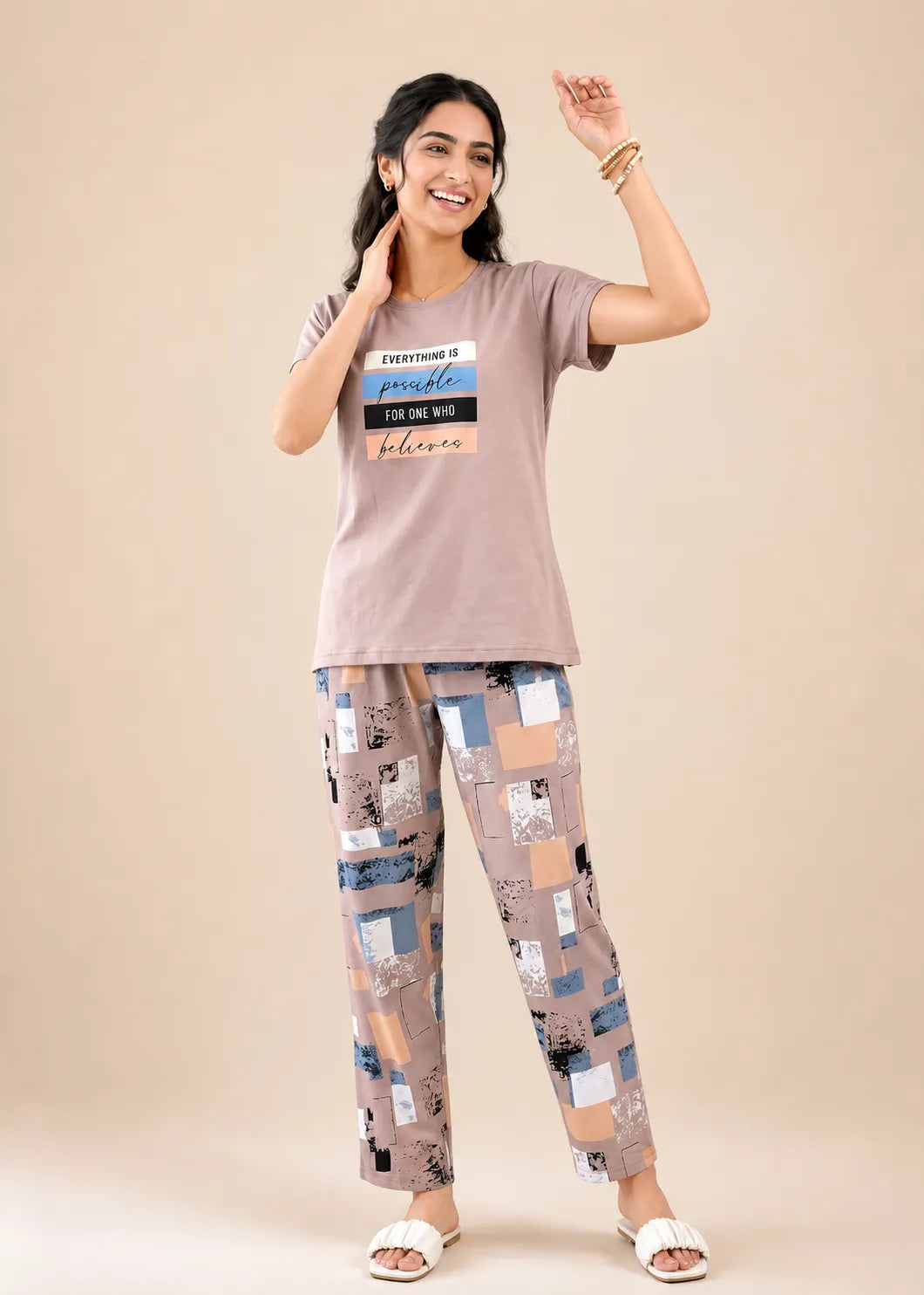 Taupe Inspirational Graphic Night Suit
