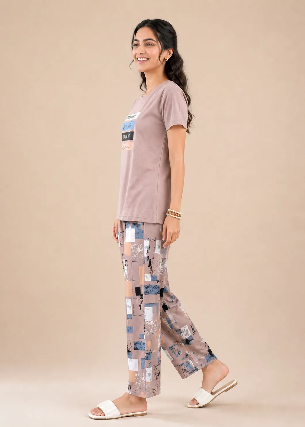 Taupe Inspirational Graphic Night Suit