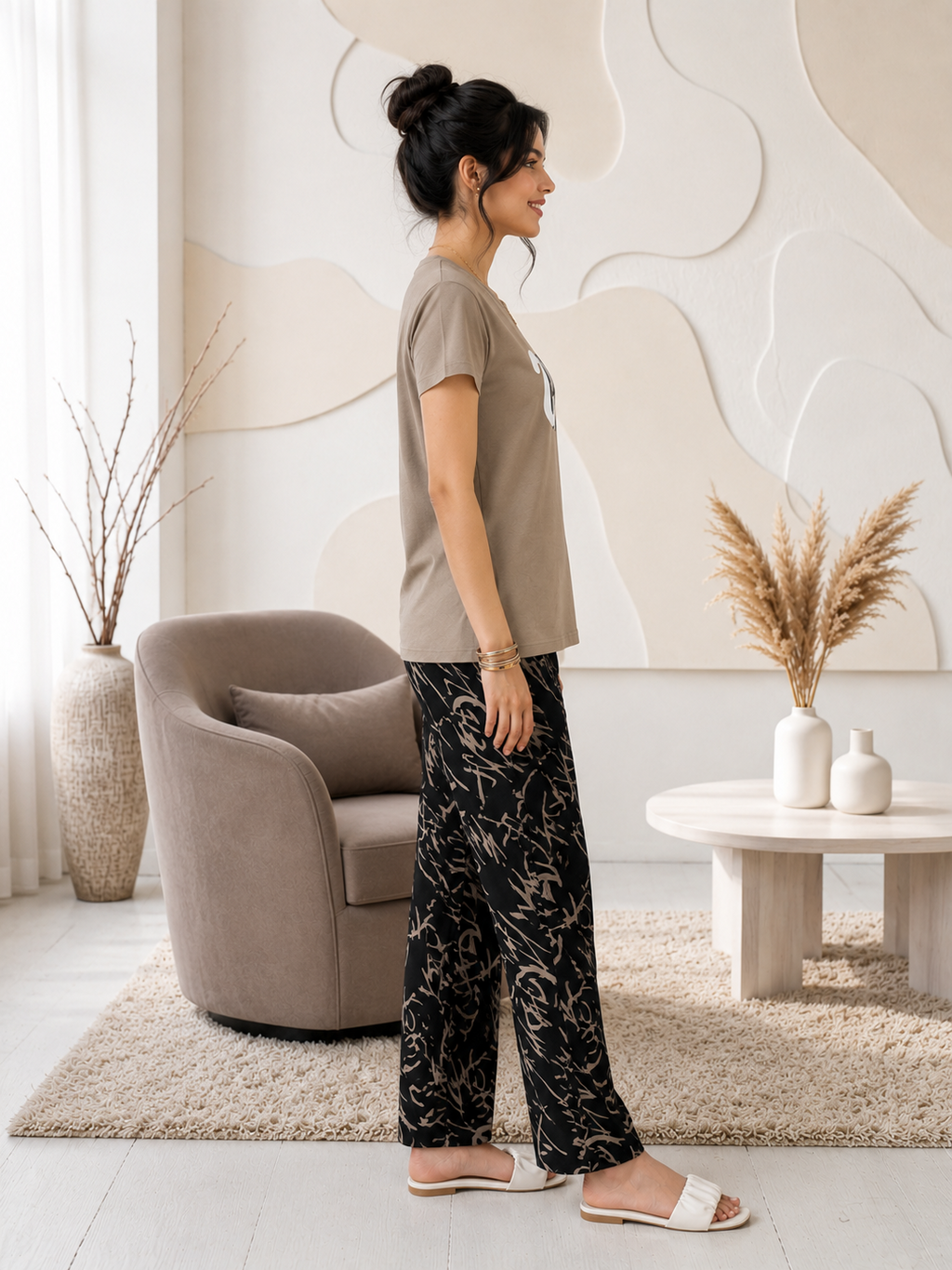 Khaki Abstract Hug Night Suit