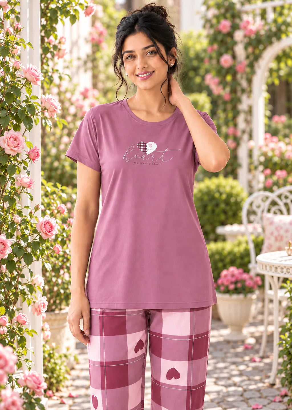 Mauve Plaid Heart Night Suit