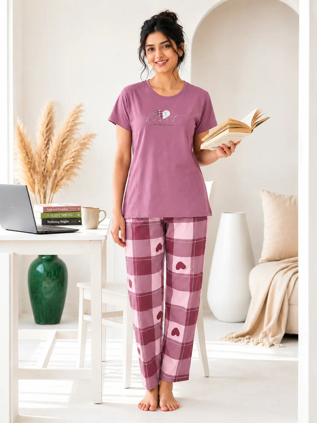 Mauve Plaid Heart Night Suit