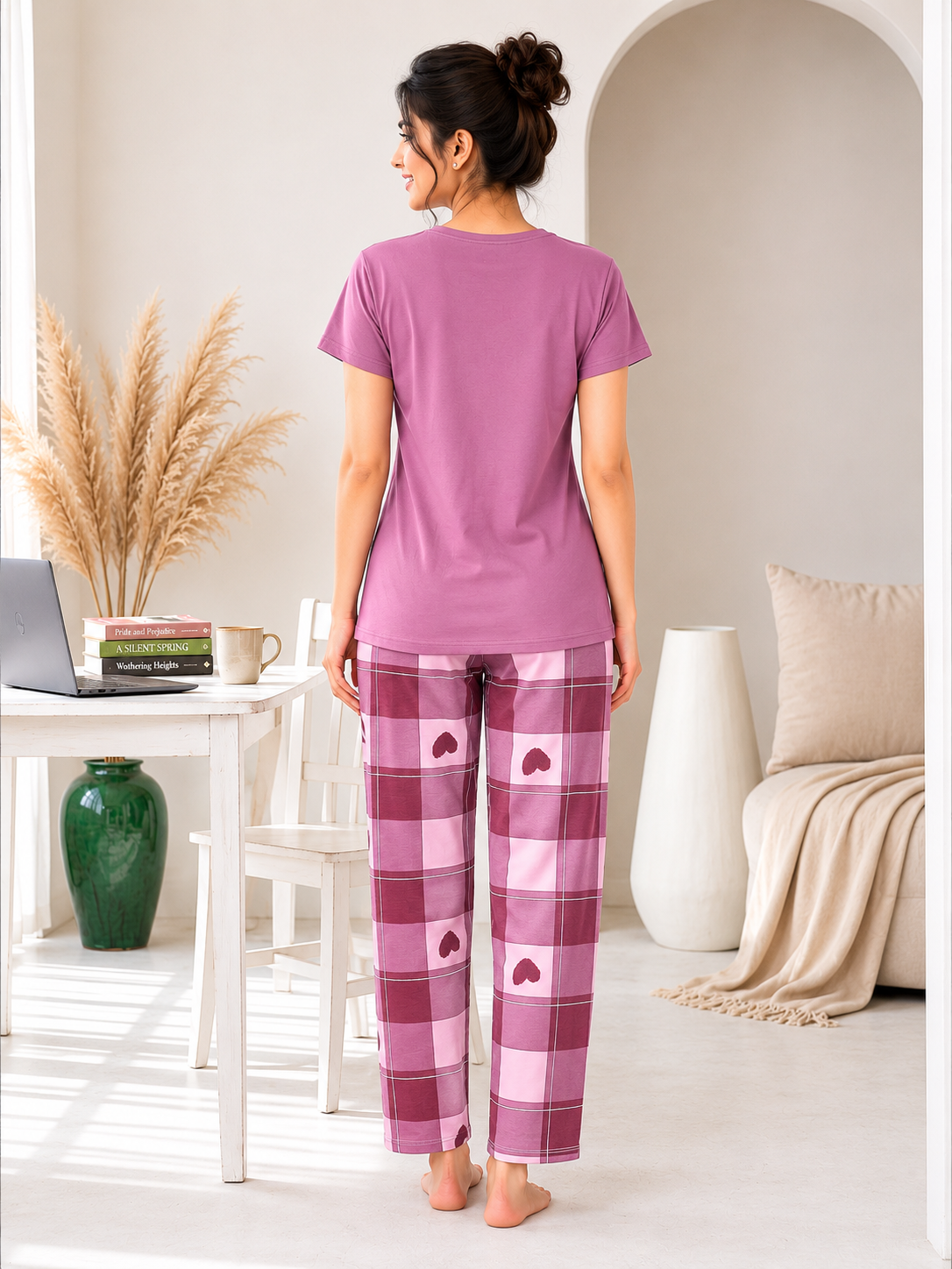 Mauve Plaid Heart Night Suit