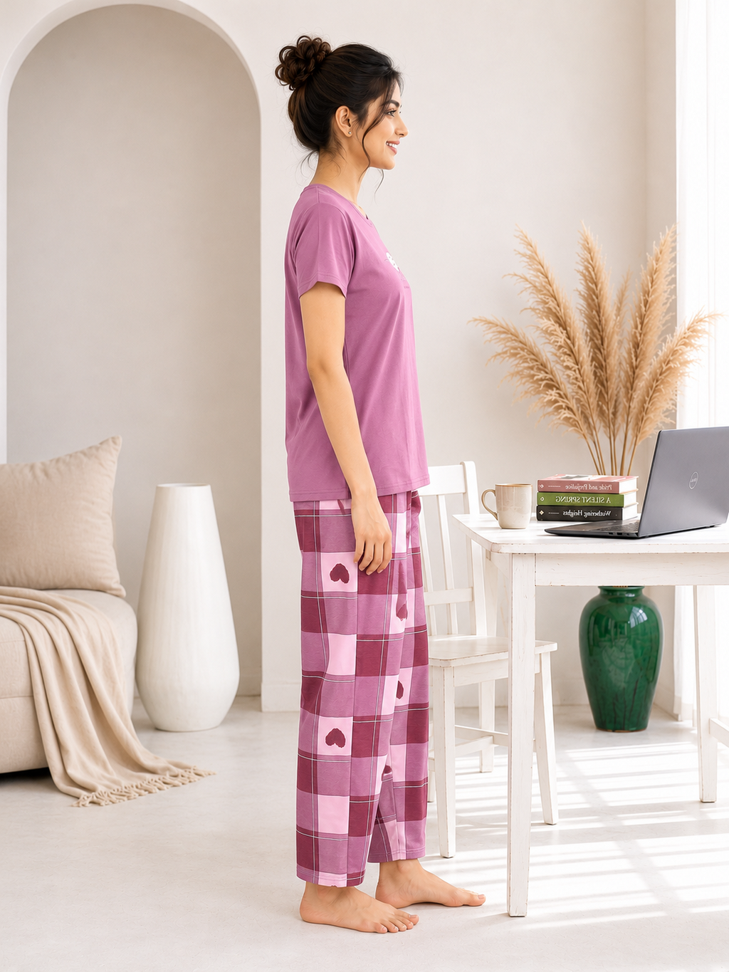 Mauve Plaid Heart Night Suit