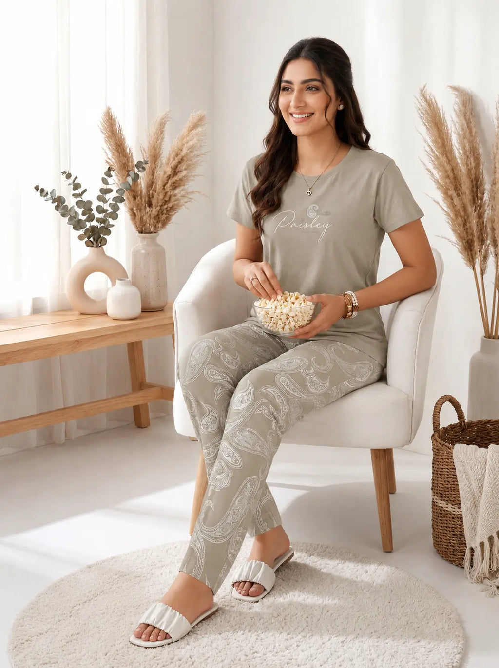 Woman sitting in a chair holding popcorn in a cozy living room.