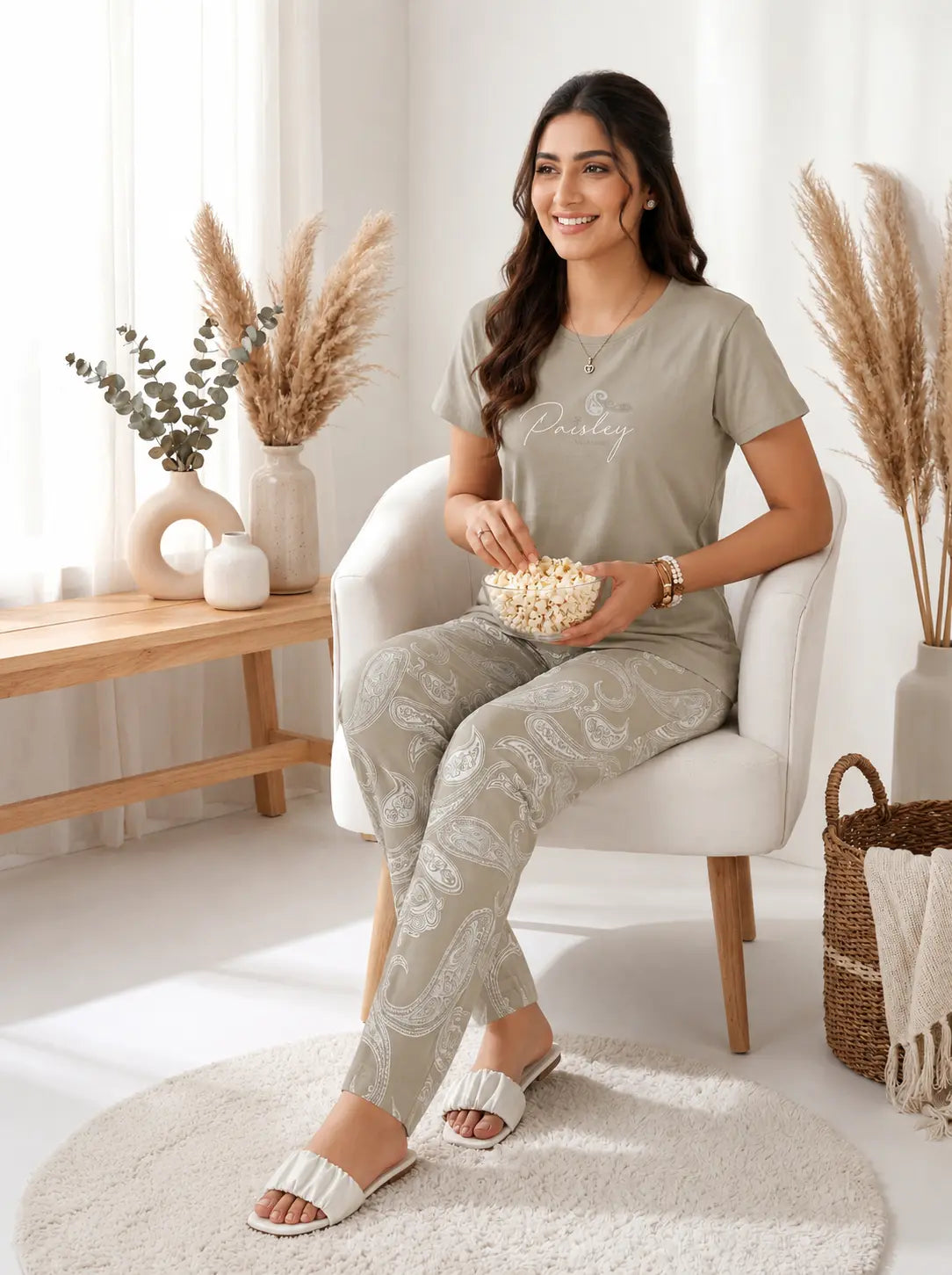 Woman sitting in a chair holding popcorn in a cozy living room.