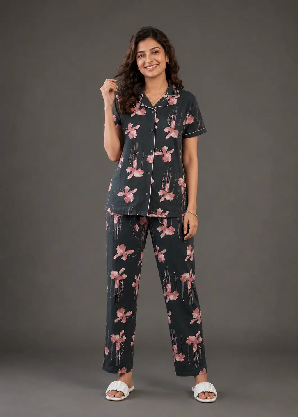 Charcoal Grey Floral Pajama Set